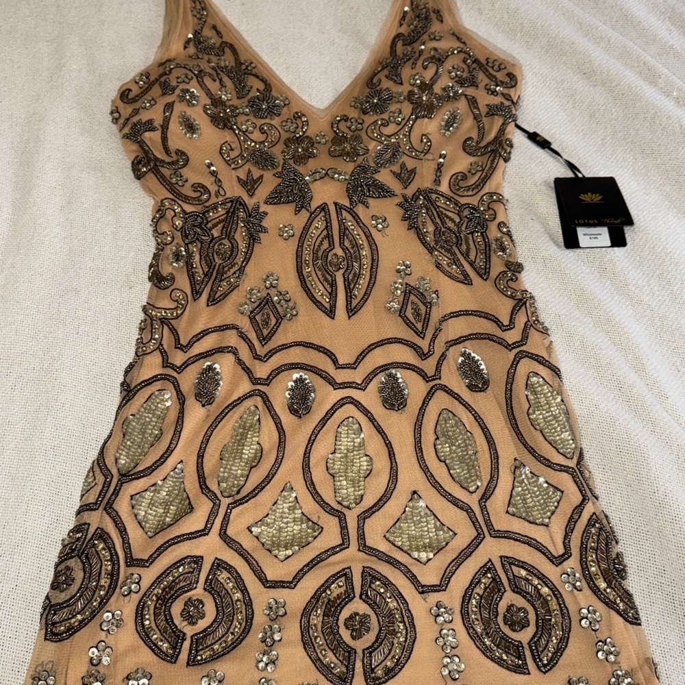 Lotus Threads Elegant Hand Beaded Couture Embellished Tan mini Dress